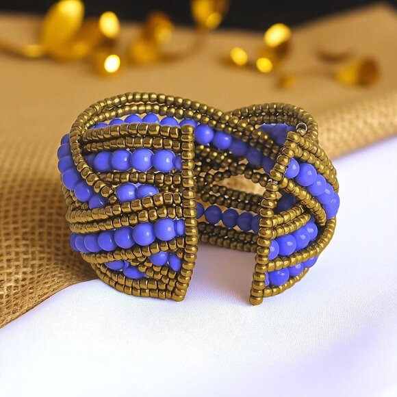 π Indian Artisanal Boho Beaded Cuff Bracelet | Adjustable Bold Statement Piece - Picture 11 of 13